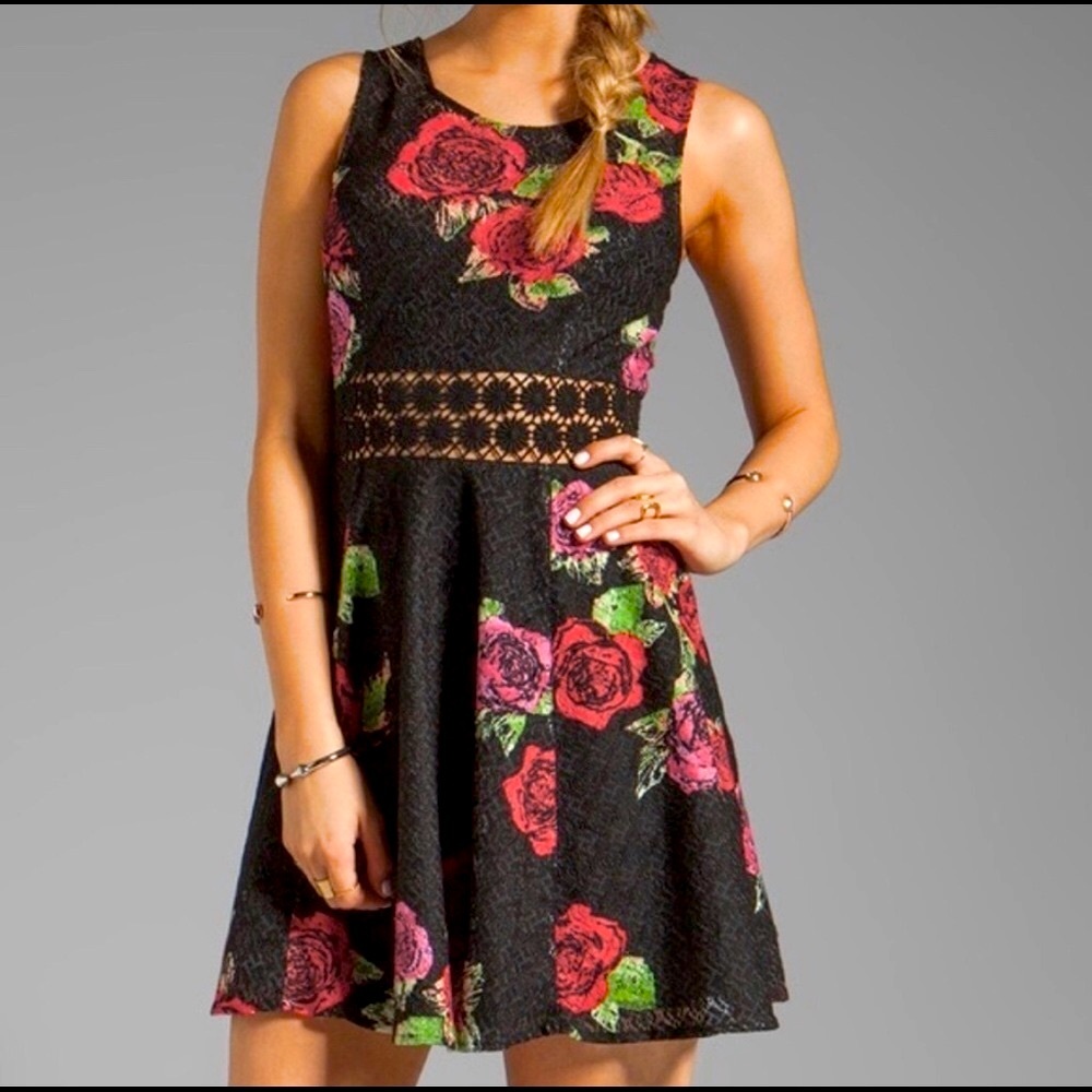 Fun & Flirty Free People 🌹 Black Floral & Lace Bodice Skate Fit & Flare …